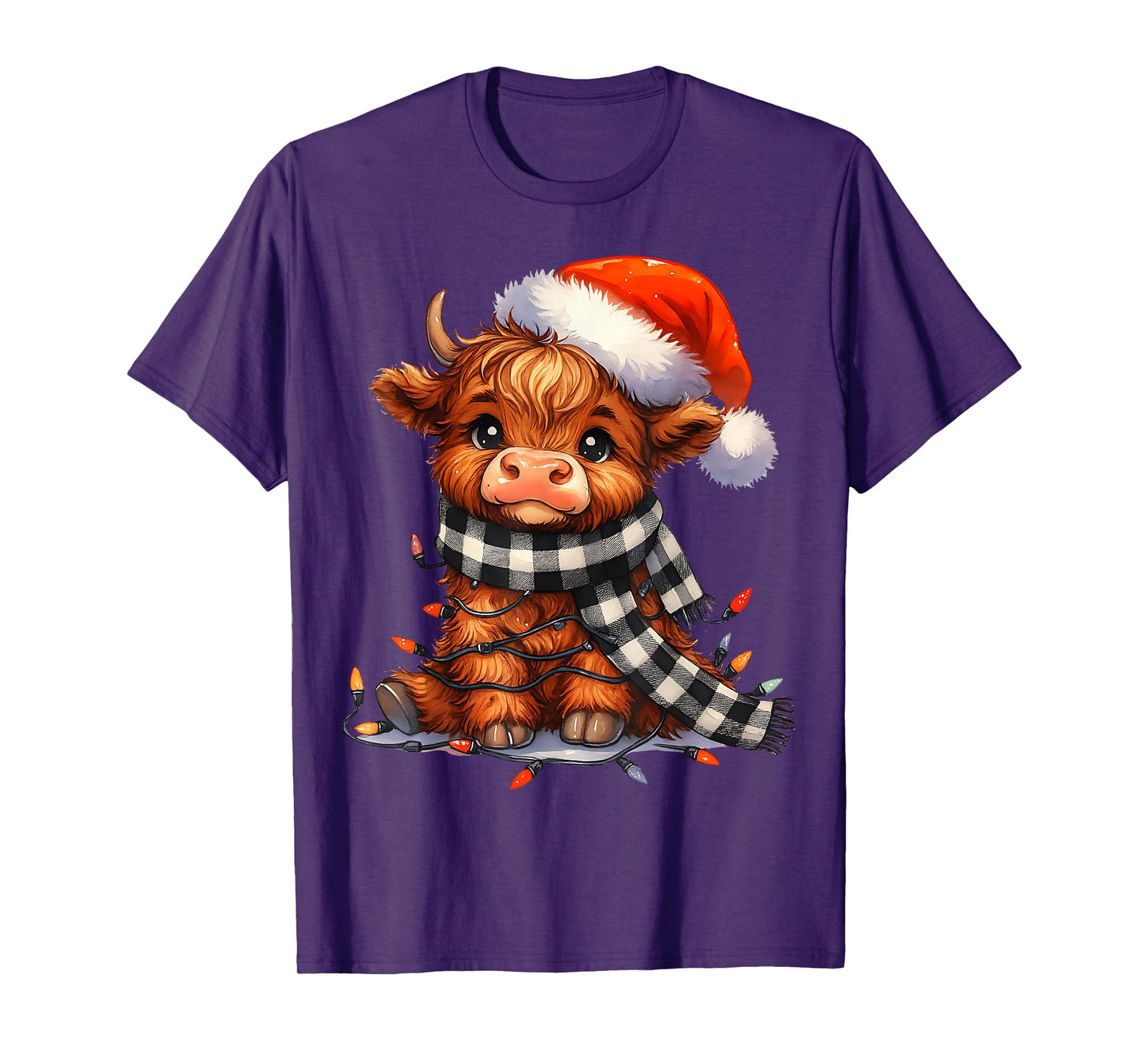 Cute Christmas Highland Cow Santa Hat Lights T-Shirt