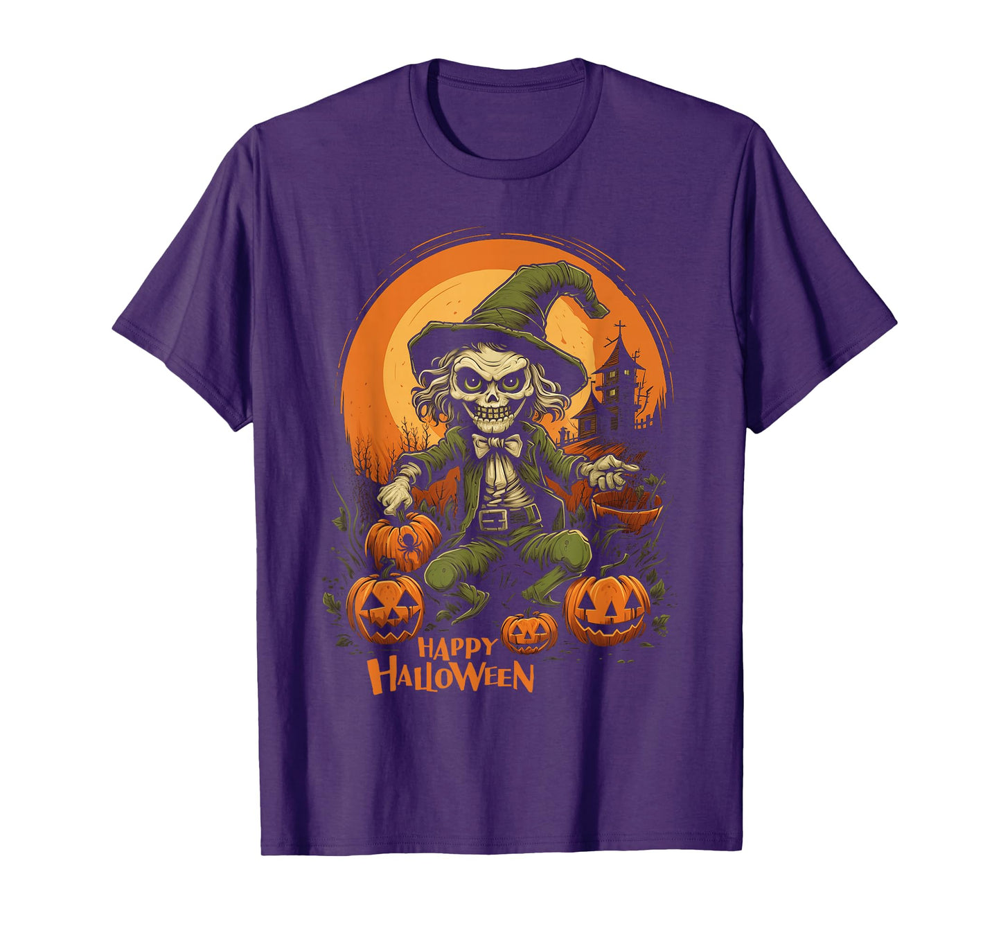 Skeleton Witch and Pumpkin Scene Spooky Halloween Design T-Shirt