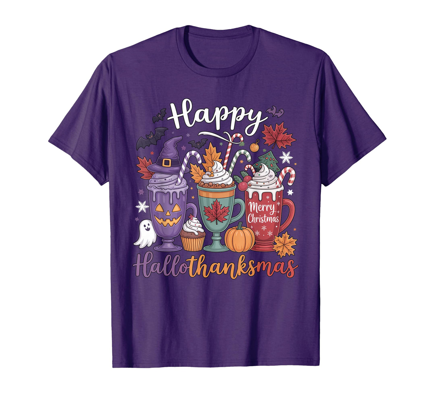 Happy Hallothanksmas Coffee Lover Halloween Merry Christmas T-Shirt