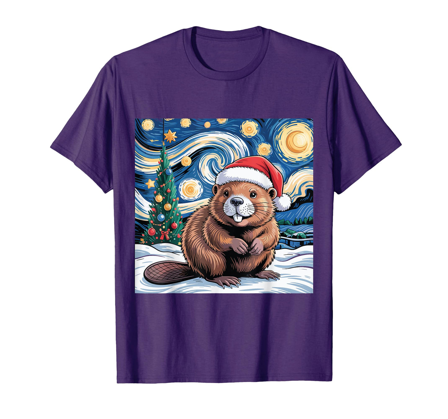 Christmas Beaver Santa Hat Starry Night Winter Tree Holiday T-Shirt
