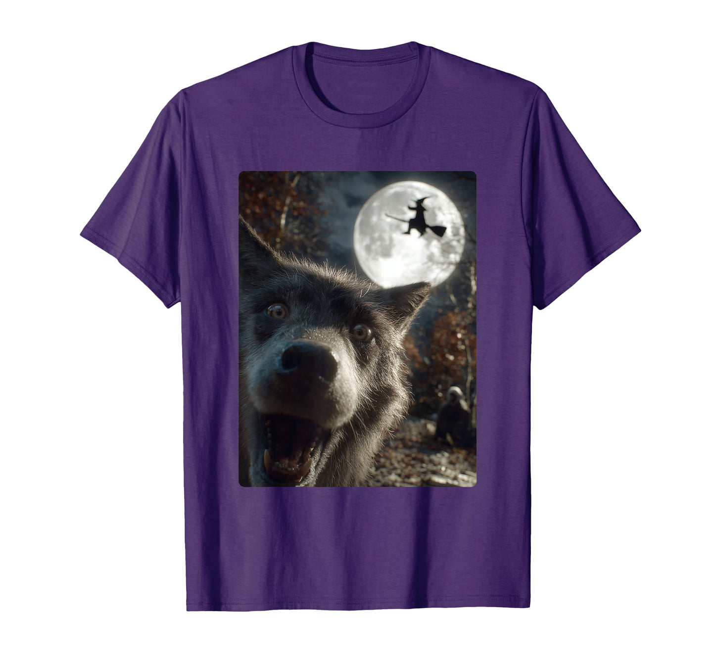 Funny Wolf Selfie Full Moon Flying Witch Forest Halloween T-Shirt
