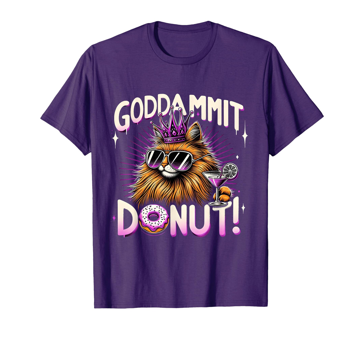 Funny Cool Cat Crown Donut Drink Retro Graphic Design T-Shirt