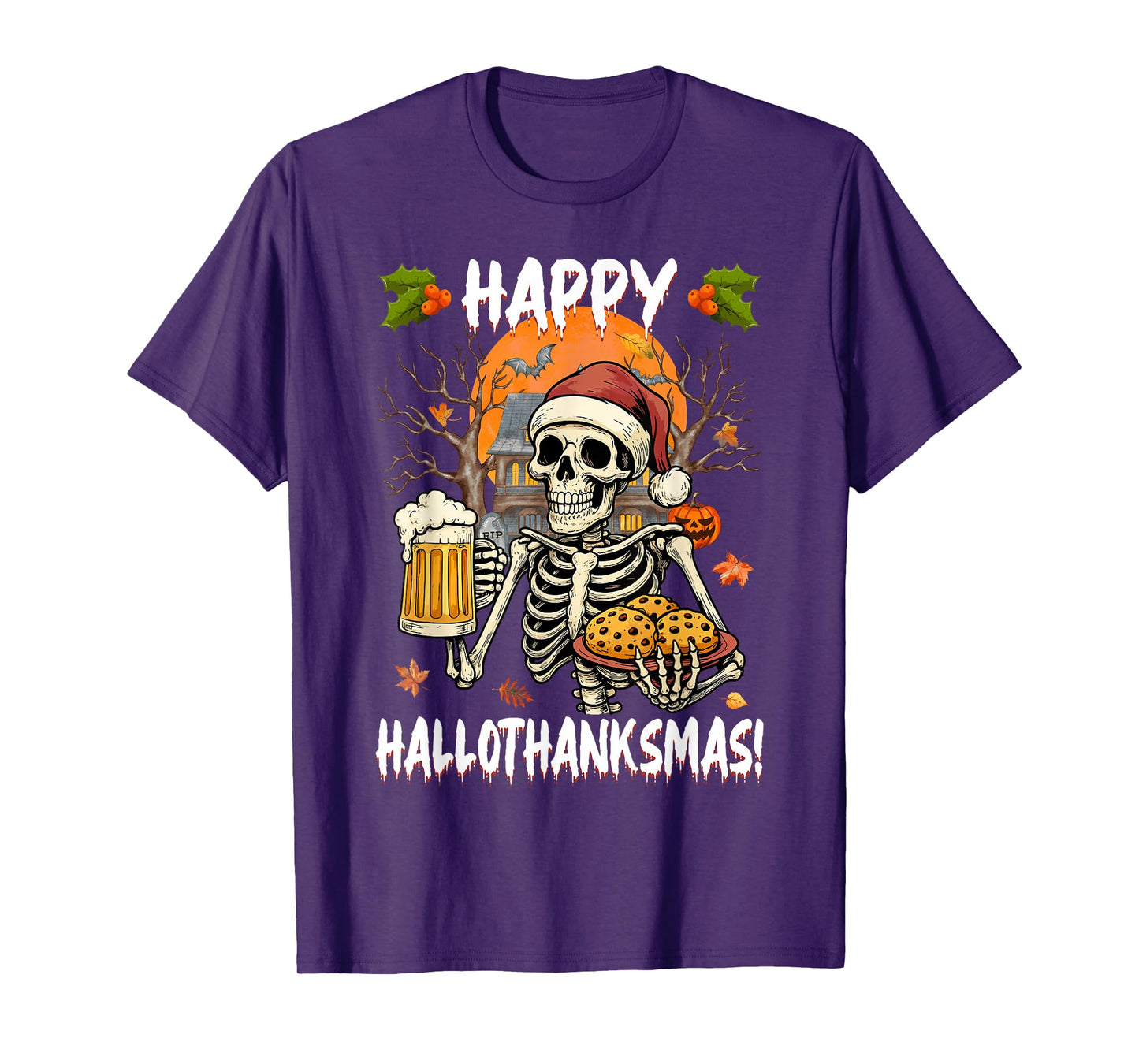 Happy Hallothanksmas Skeleton Drinking Beer & Santa Hat Men T-Shirt