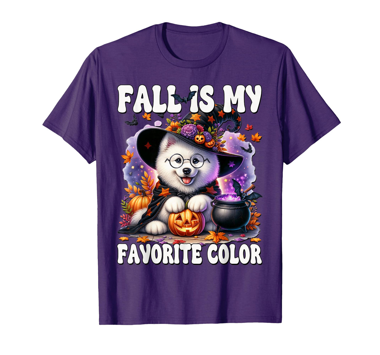 Samoyed Witch Dog Halloween and Fall is My Favorite Color T-Shirt