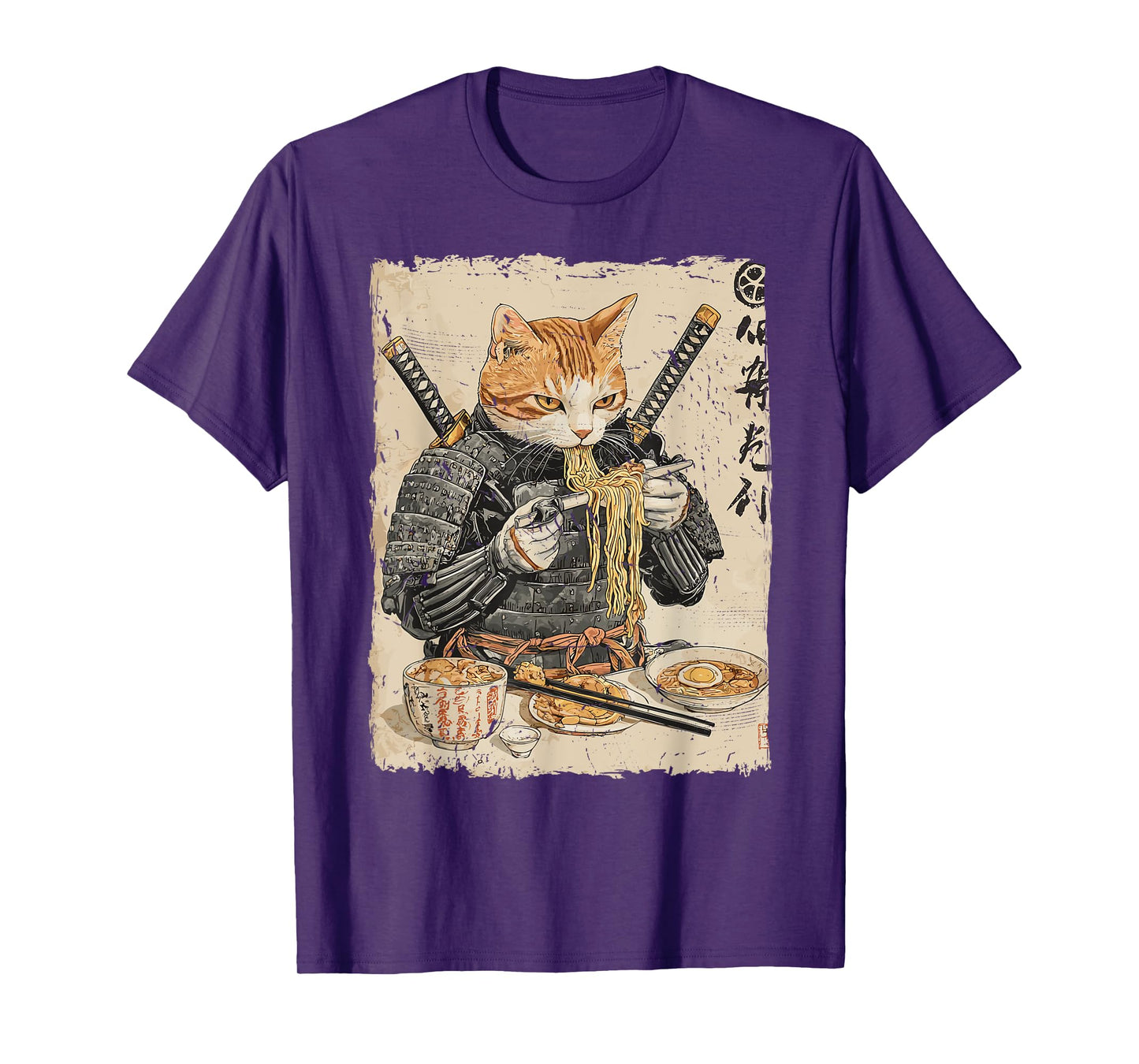 Samurai Cat Loves Ramen Funny Anime Japanese Artwork Samurai T-Shirt