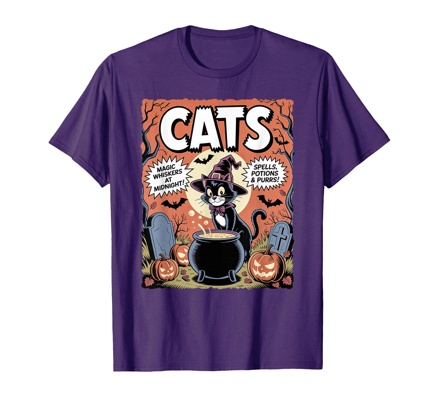 Black Cat in Witch Costume Funny Halloween Spooky Cute Comic T-Shirt