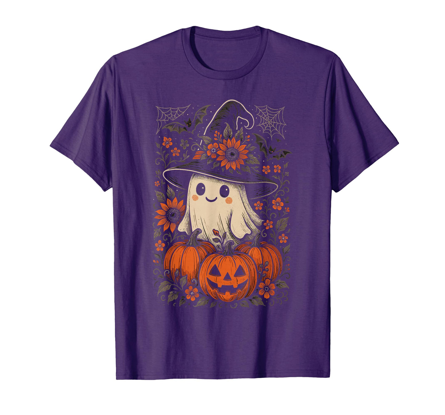 Cute Halloween Ghost Witch Hat Pumpkins Sunflowers Spooky T-Shirt