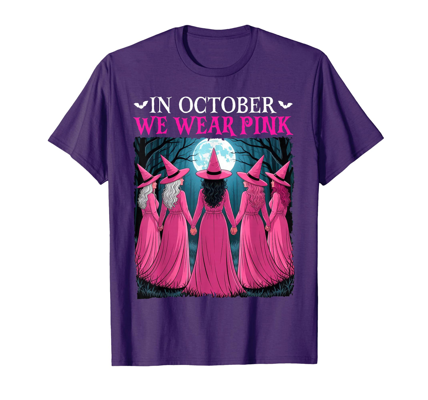 in October We Wear Pink Witch Halloween Breast Cancer Women T-Shirt