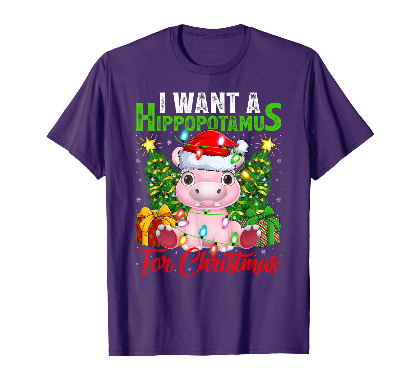 Hippo Xmas Lights Funny I Want A Hippopotamus for Christmas T-Shirt