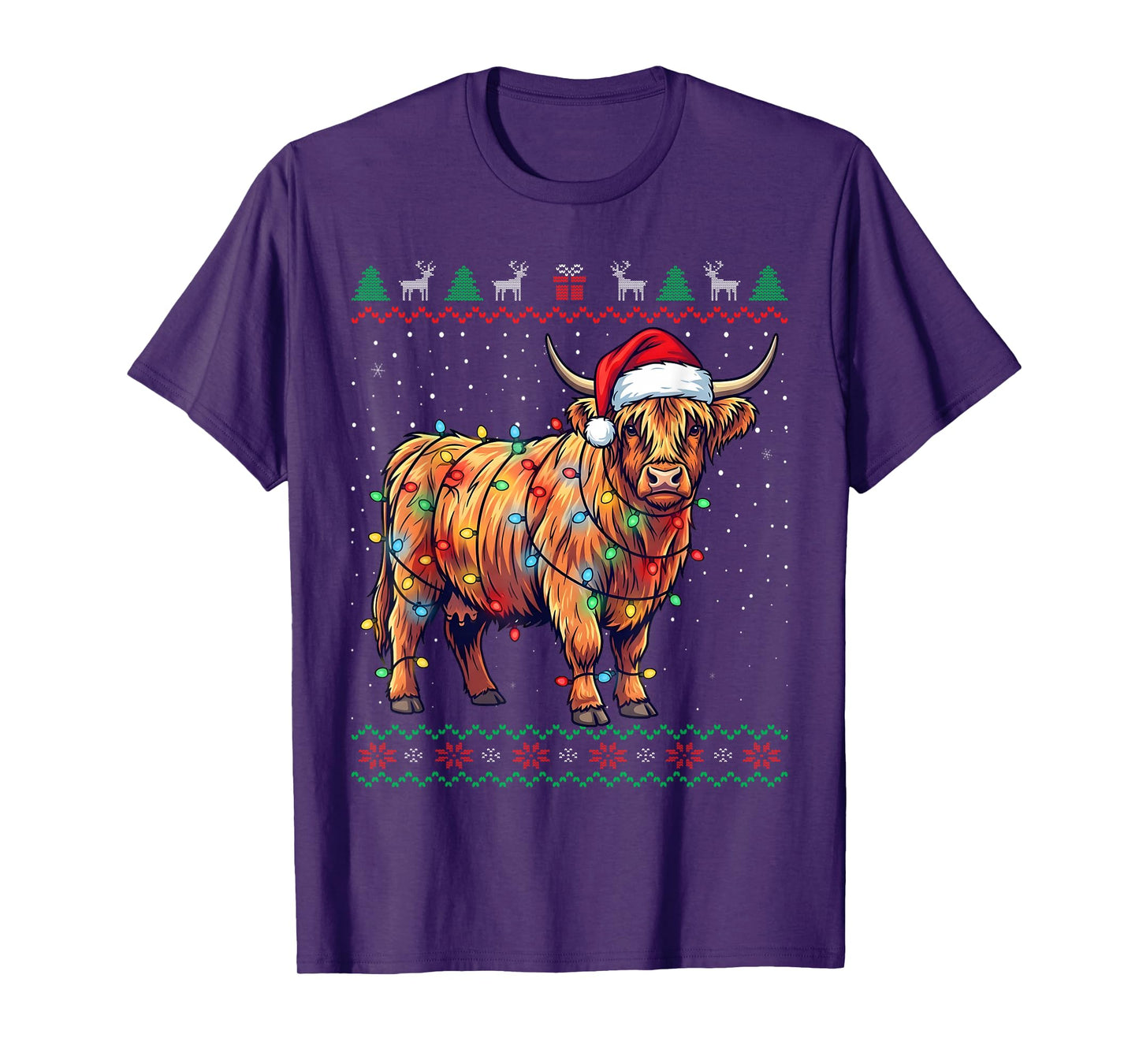 Funny Highland Cow Christmas Lights Santa Hat Holiday T-Shirt