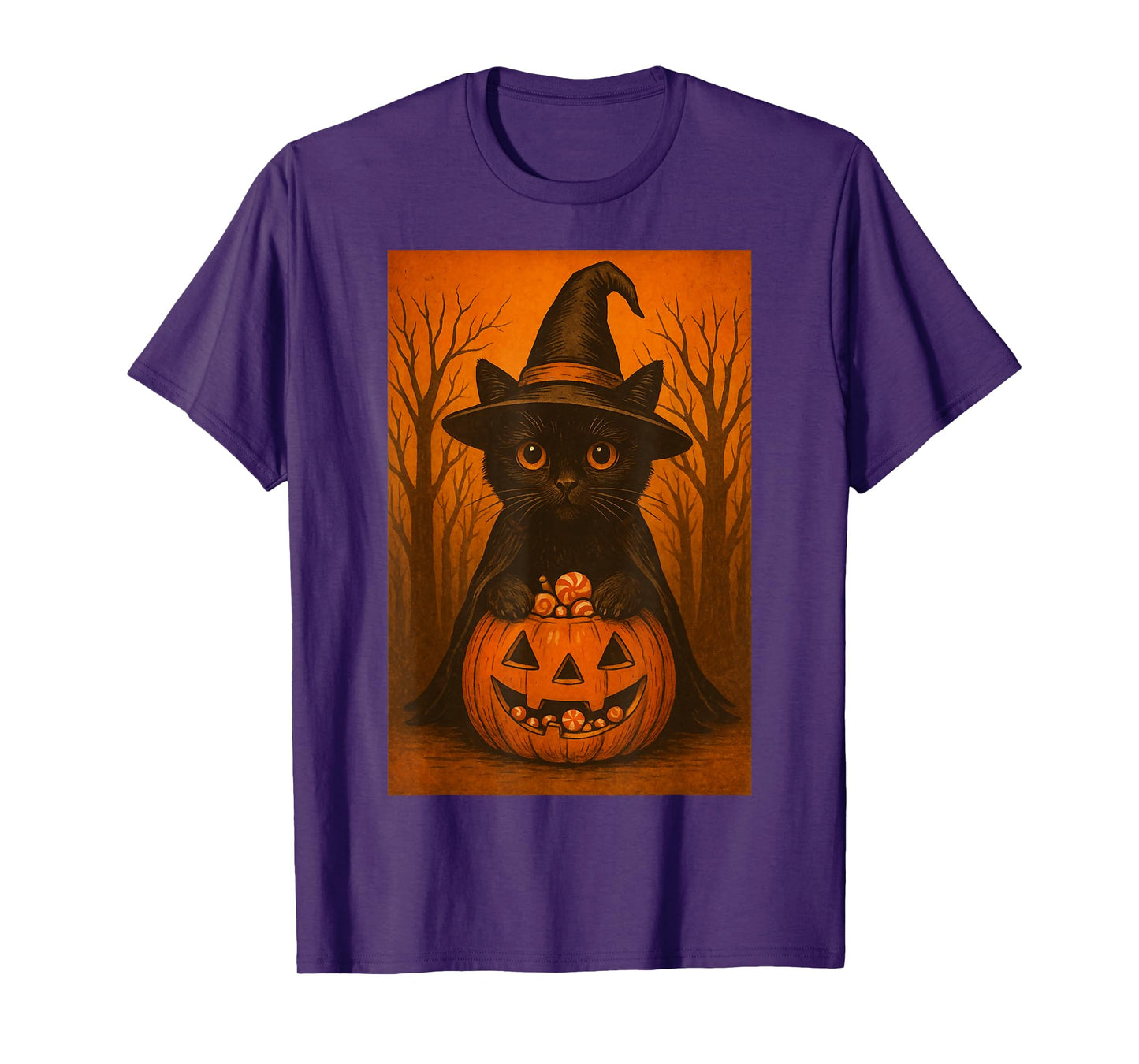 Vintage Black Cat Witch Pumpkin Halloween Candy Design T-Shirt