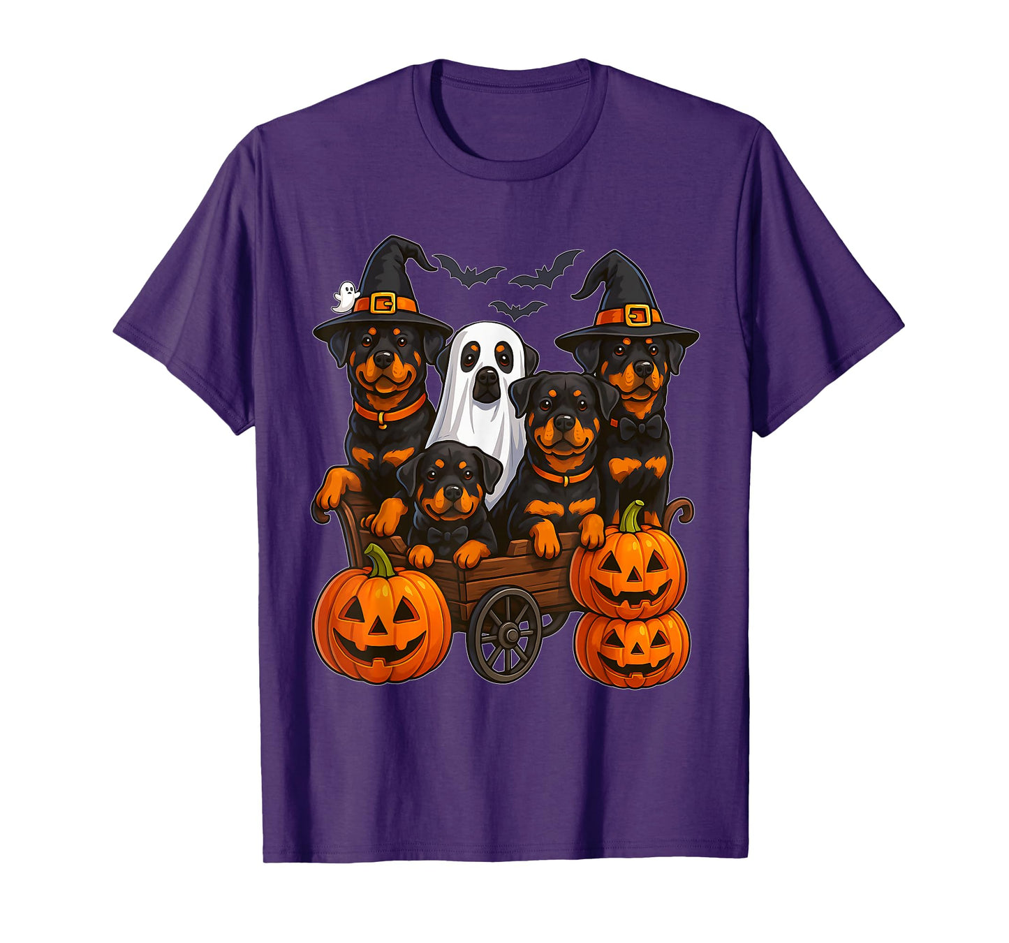 Halloween Rottweiler Dogs Ghost Witch Pumpkins Wooden Wagon T-Shirt