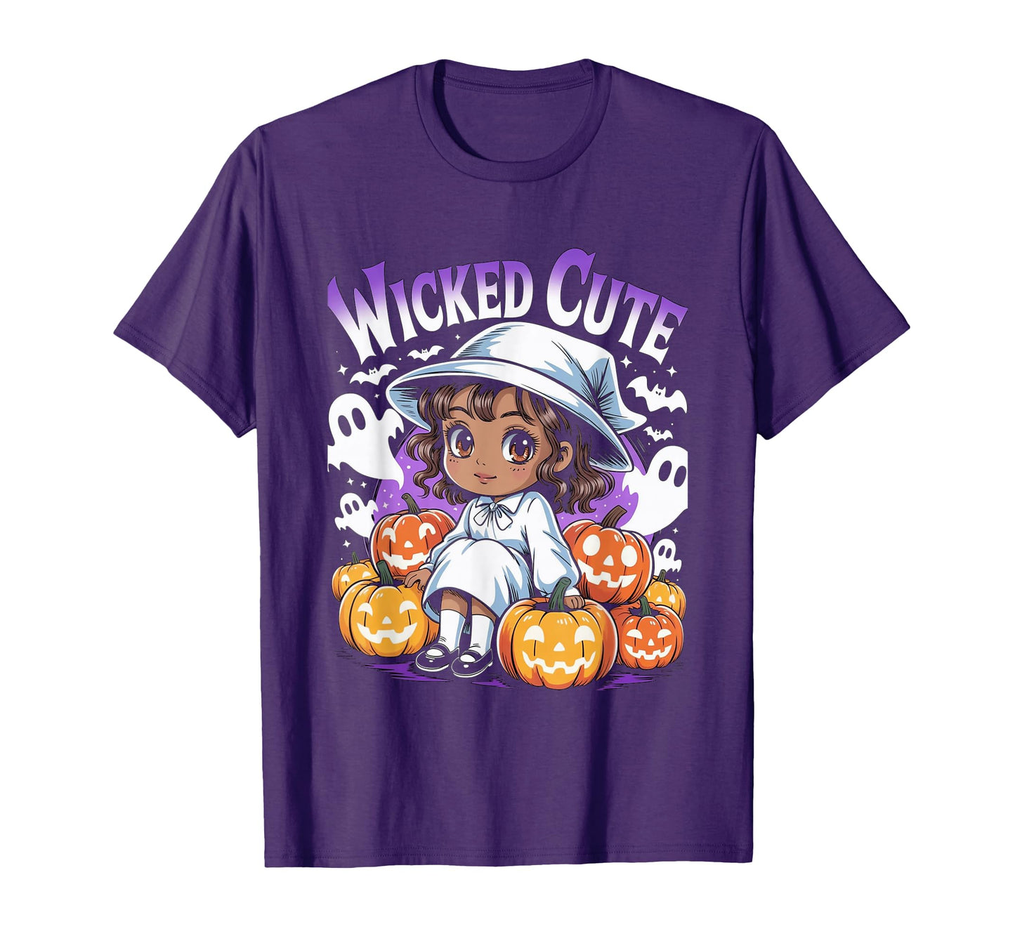Halloween Anime Black Witch Melanin Cute Pumpkin Ghost Girls T-Shirt