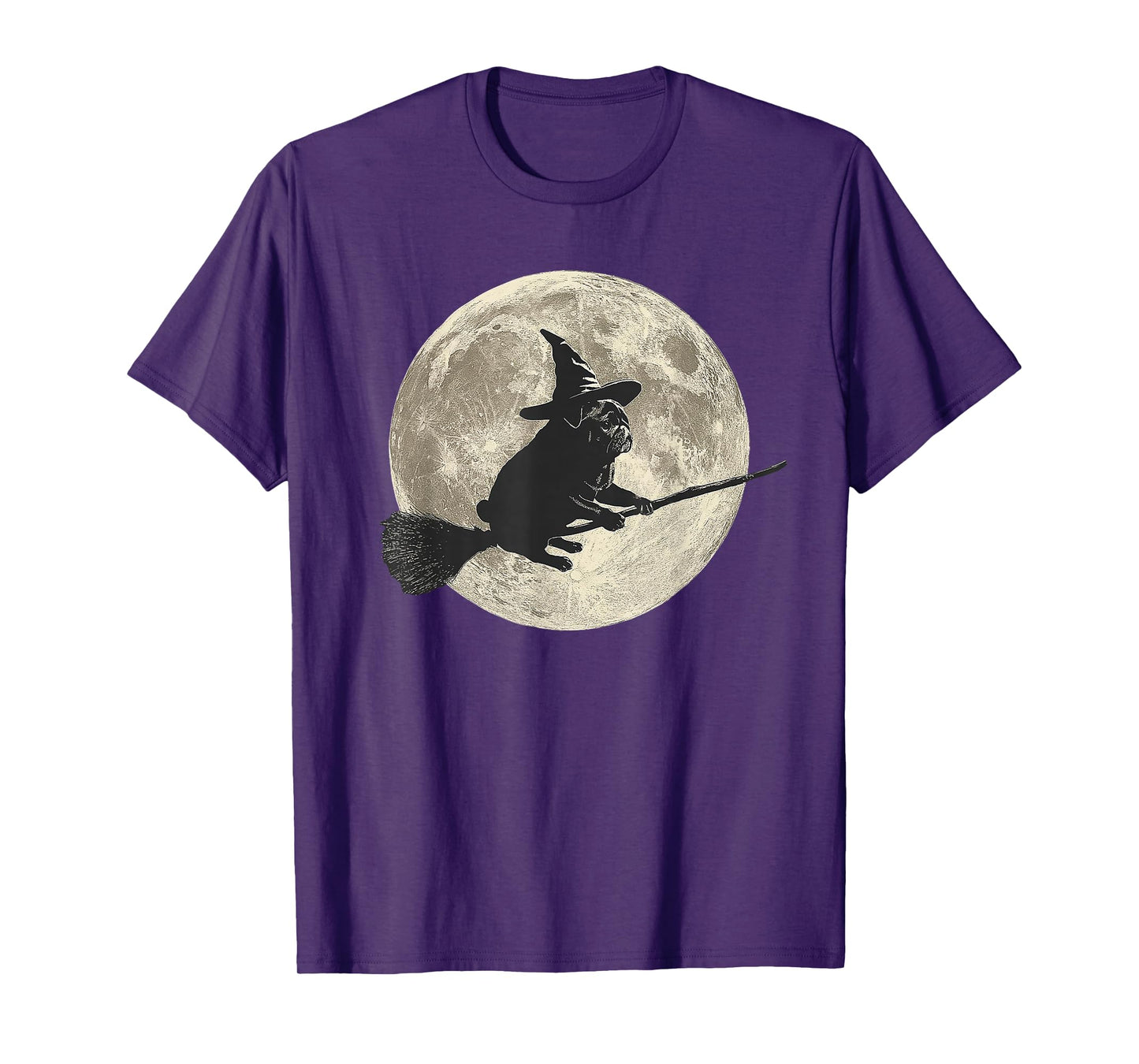 Halloween Moon Pug Witch Broomstick T-Shirt