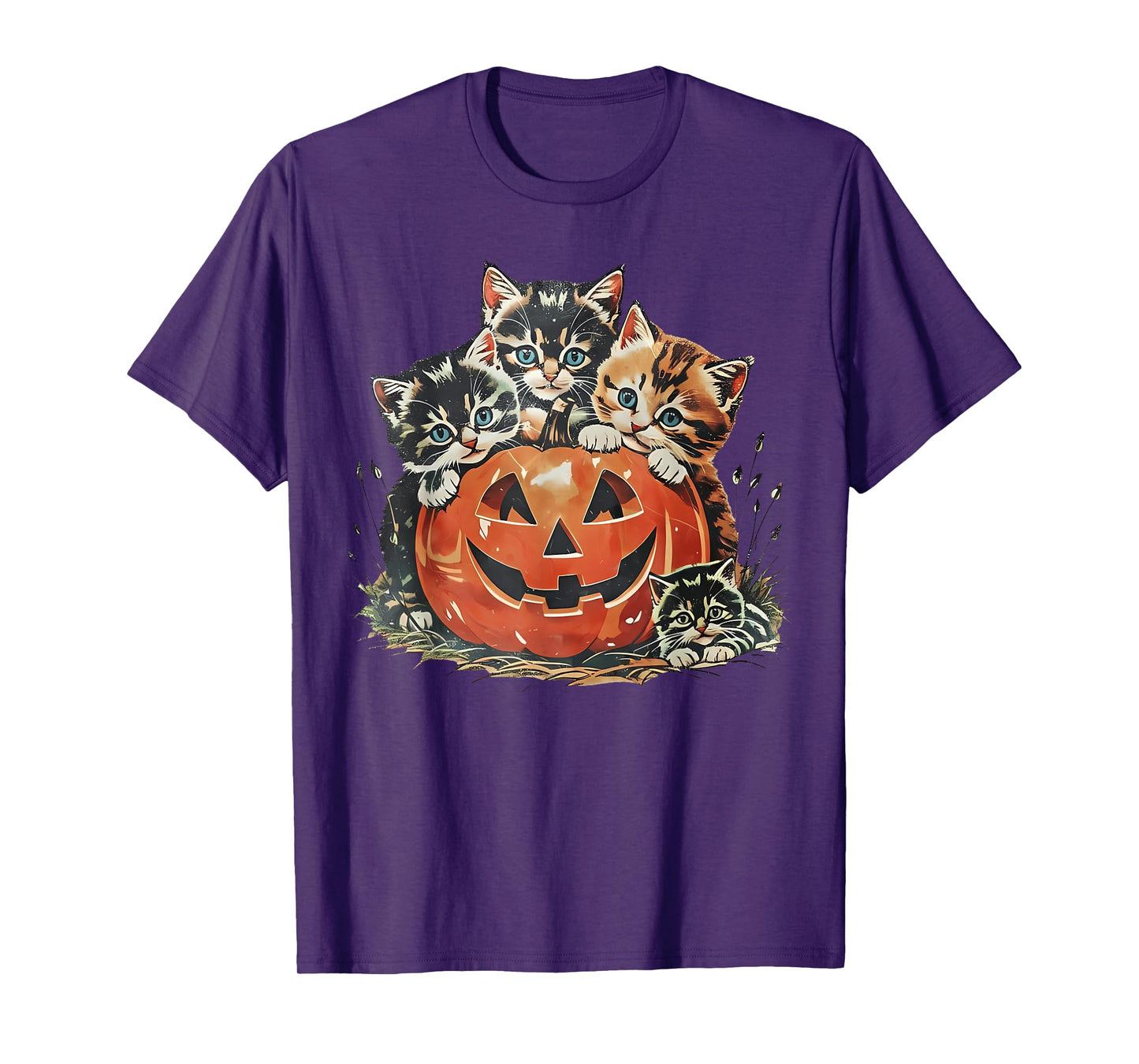 Vintage 90s Cat Pumpkin Halloween Retro Floral Spooky Season T-Shirt