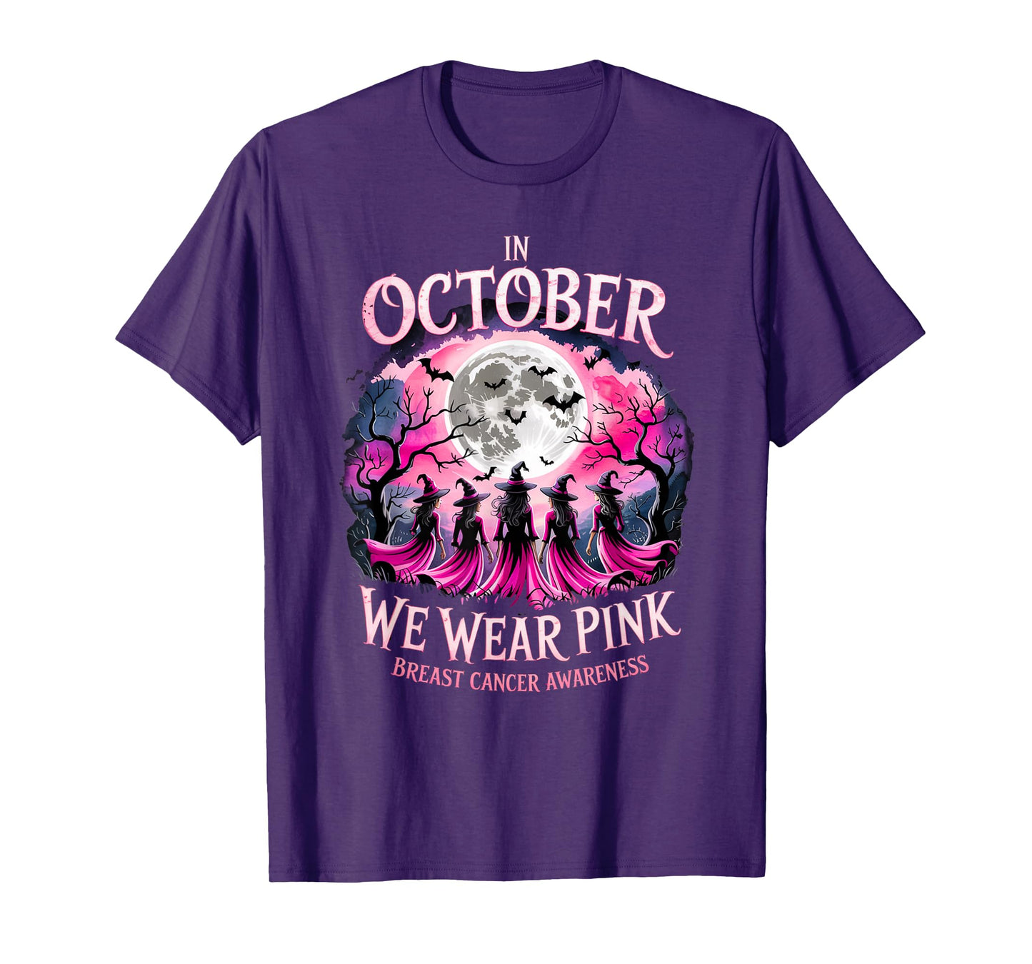 in October We Wear Pink Retro Witch Breast Cancer Awareness T-Shirt