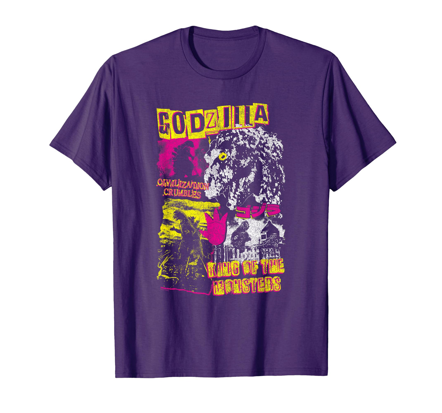 Godzilla Civilization Crumbles Neon Collage Retro Movie T-Shirt