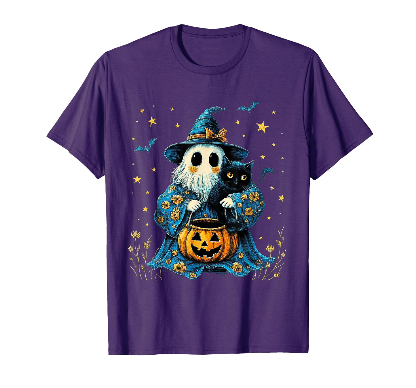 Ghost Holding Black Cat Lover Halloween 2025 Groovy Floral T-Shirt