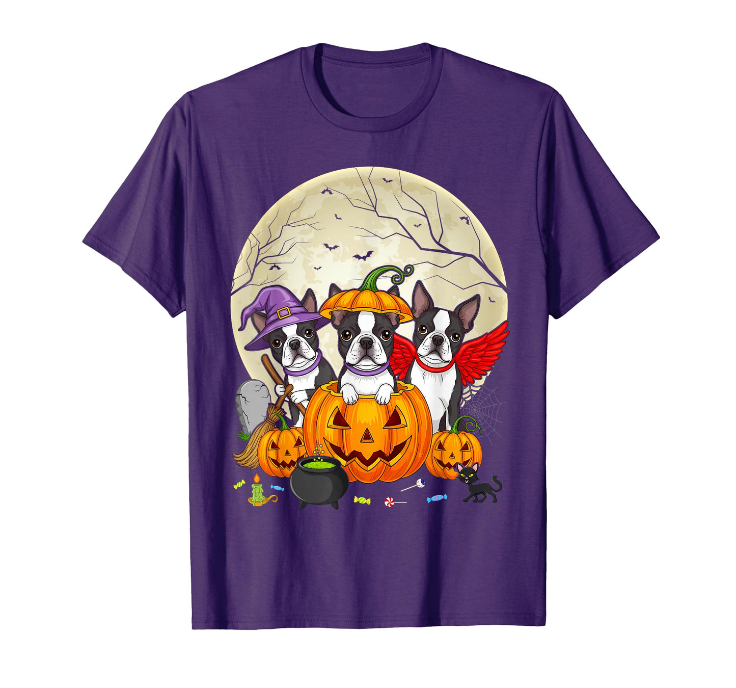 Funny Pumpkin Witch Boston Terrier Dog Halloween T-Shirt