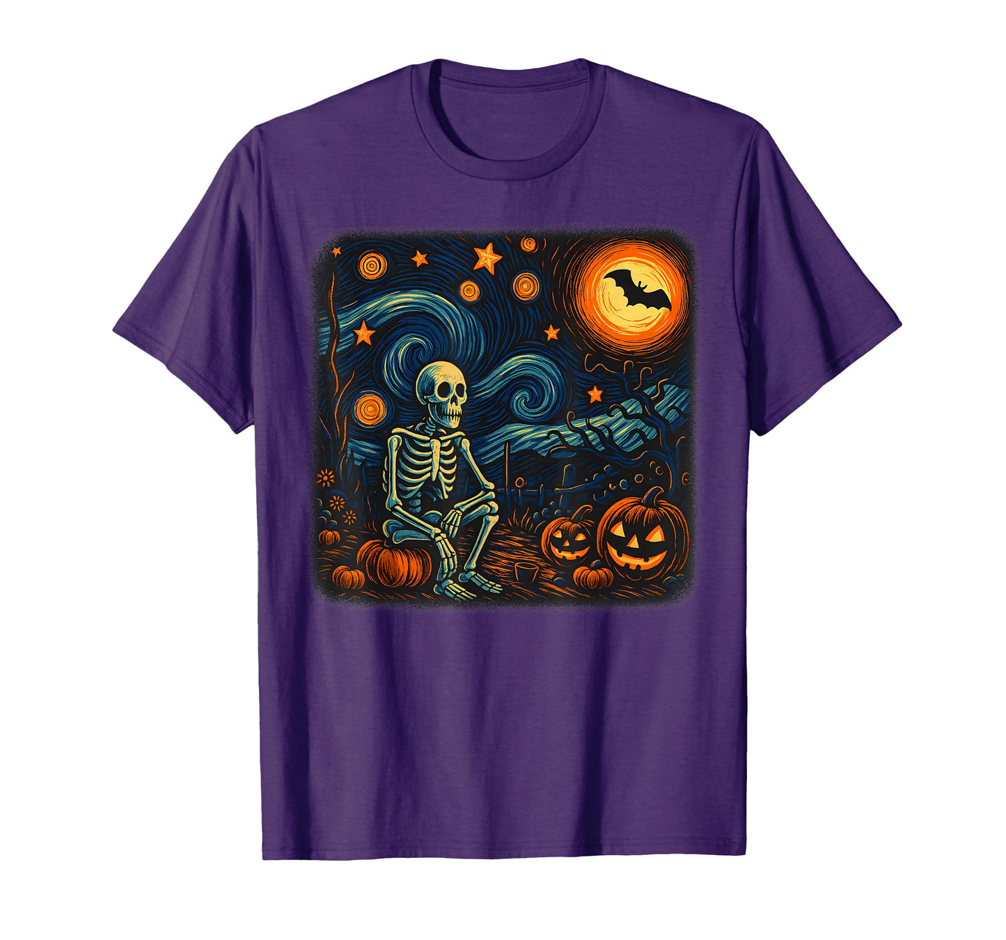 Halloween Skeleton Starry Night Van Gogh Pumpkin Men Women T-Shirt