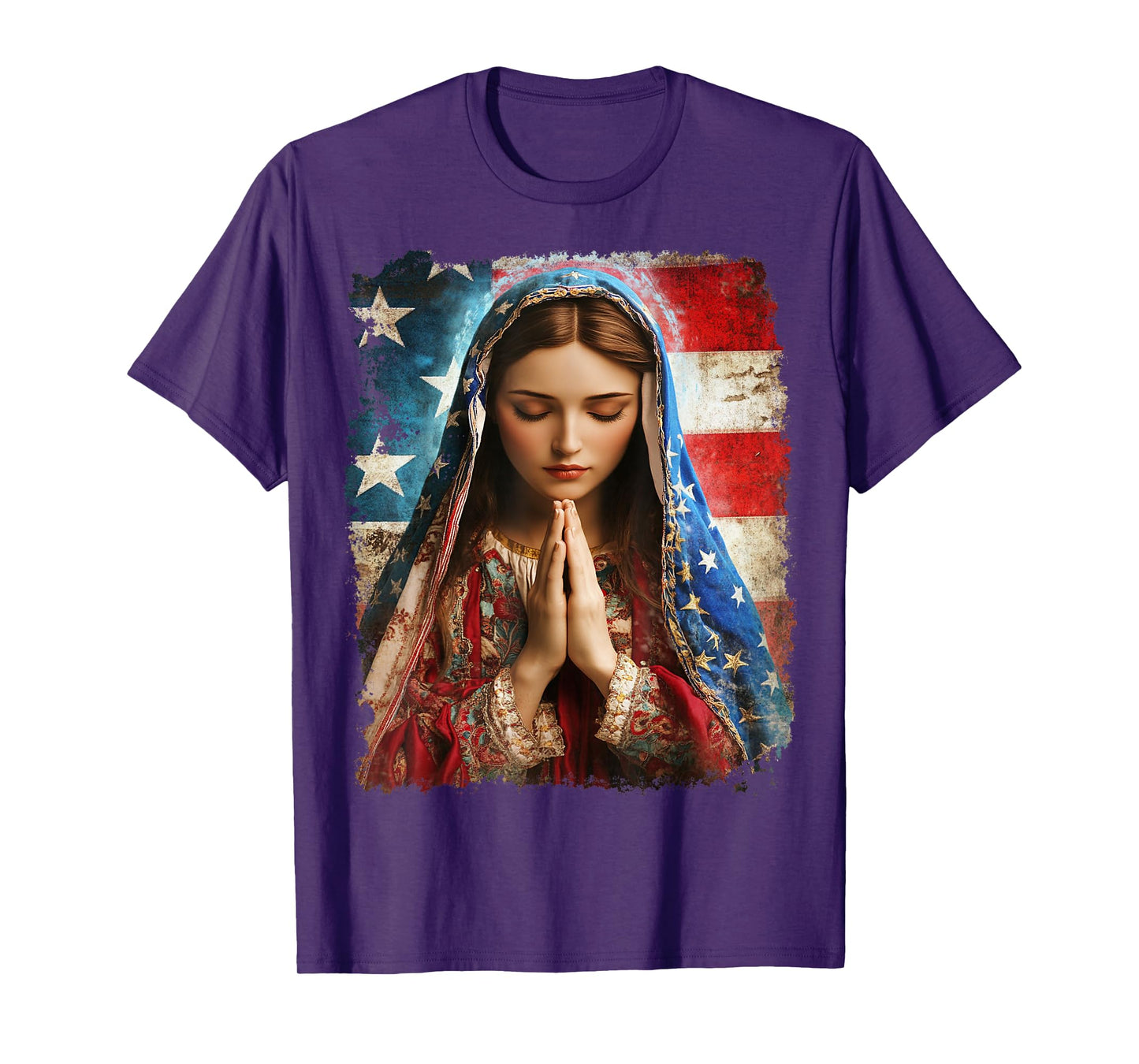 US Flag American The Virgin Mary Religious Christian T-Shirt