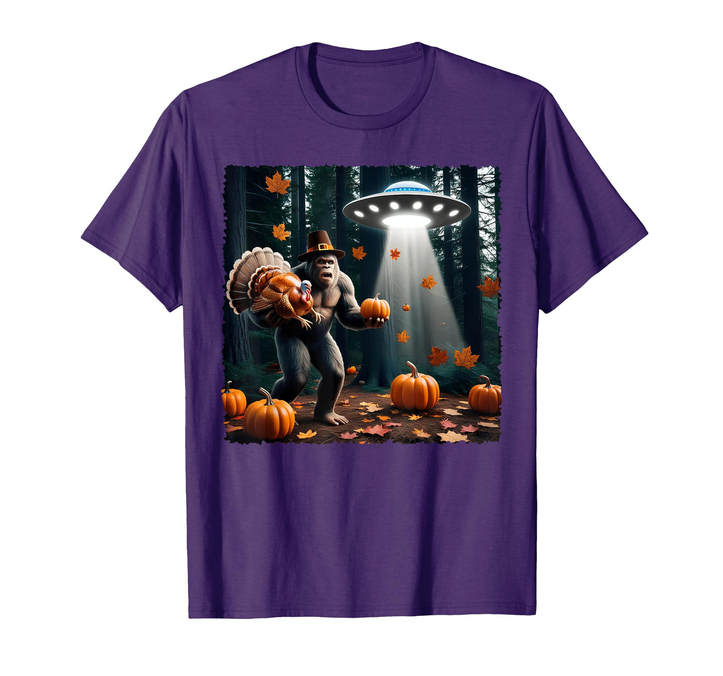 Bigfoot Sasquatch Turkey UFOs Funny Thanksgiving Day Pumpkin T-Shirt