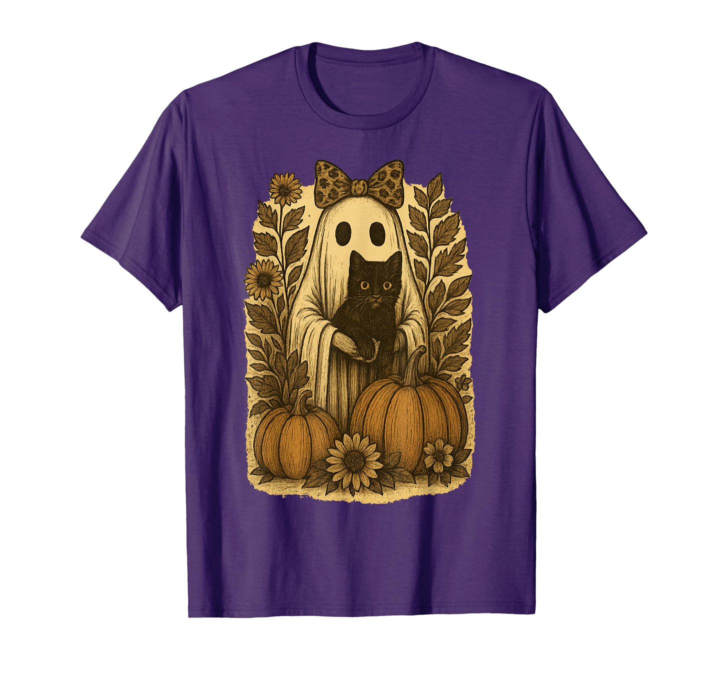 Vintage Halloween Ghost Holding Black Cat Groovy Floral T-Shirt
