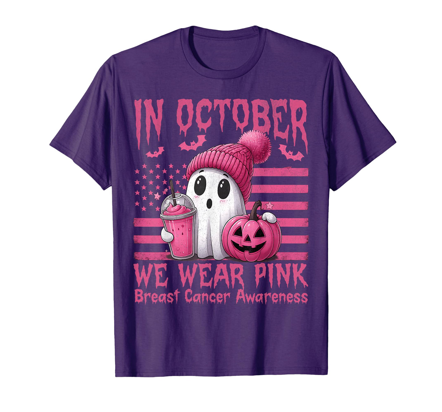 in October We Wear Pink Ghost Witch Breast Cancer Awareness T-Shirt