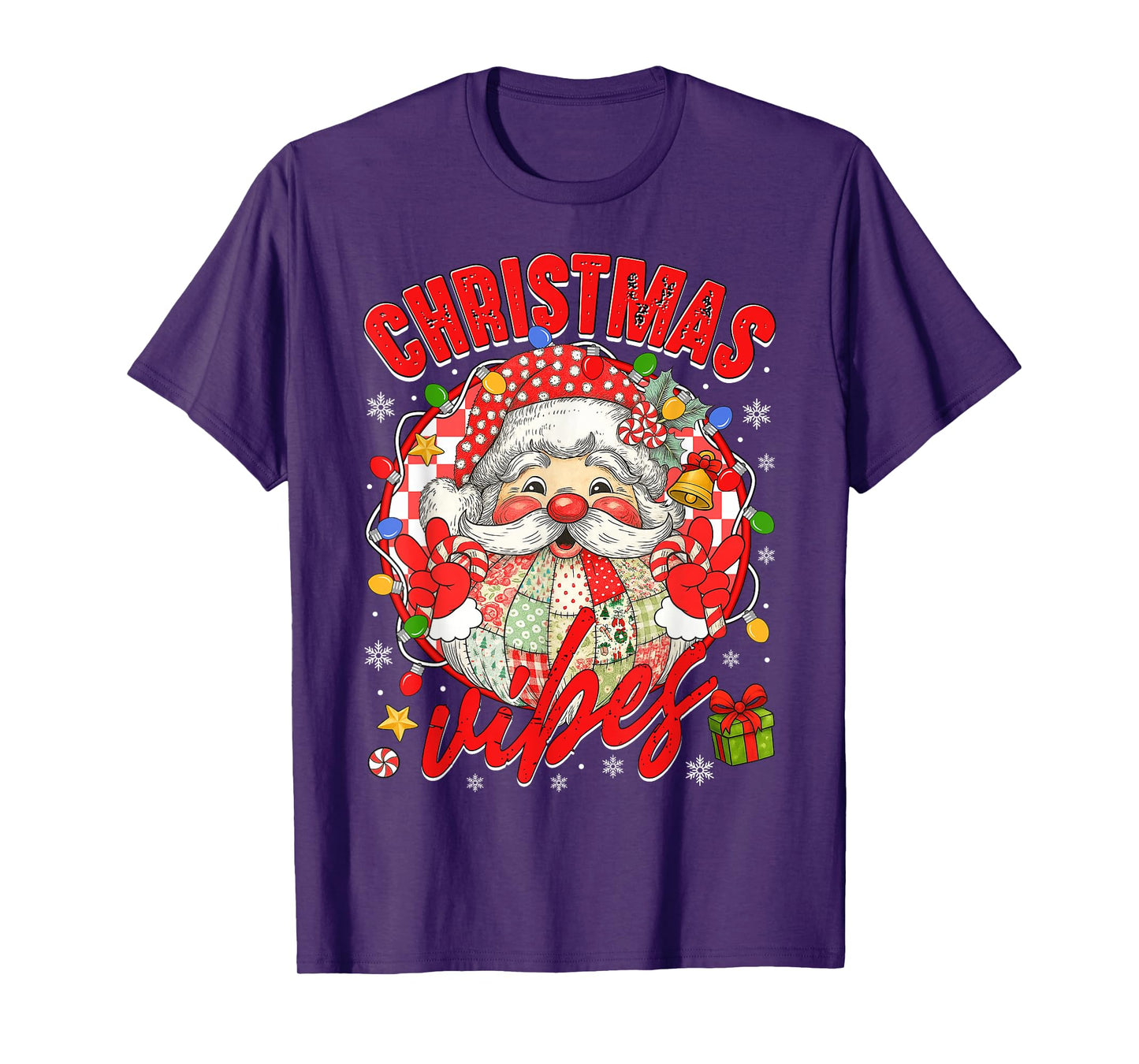 Vintage Patchwork Santa Claus Christmas Vibes Xmas Women Kid T-Shirt
