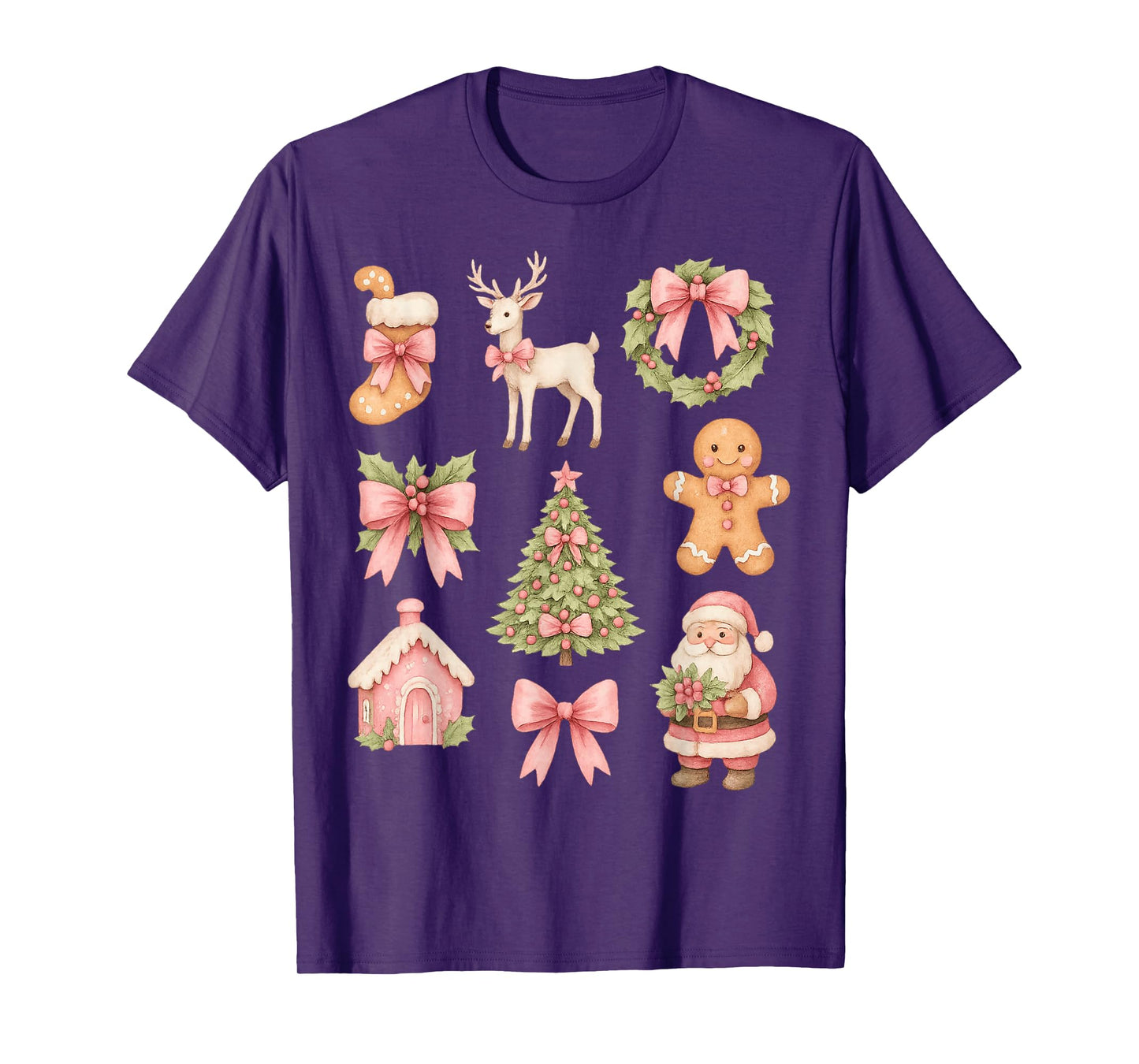 Preppy Coquette Bow Pink Christmas Tree Santa Gingerbread T-Shirt
