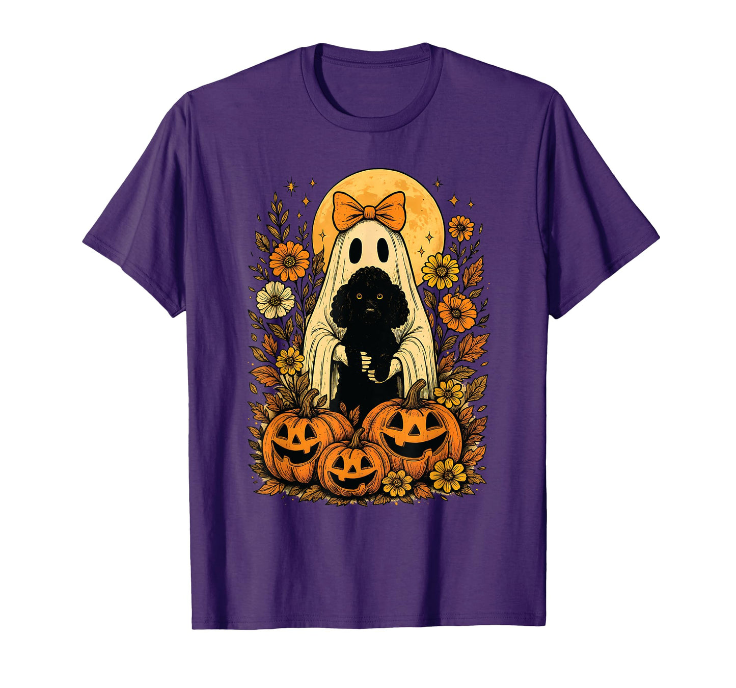 Vintage Halloween Ghost Holding Poodle Dog T-Shirt