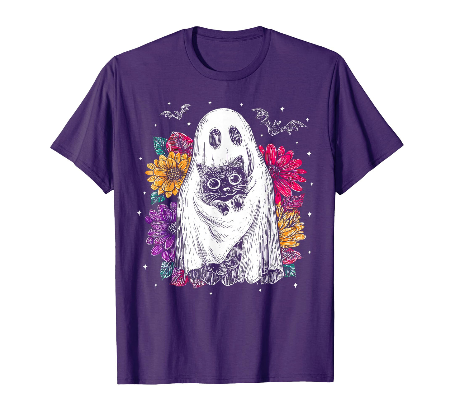 Spooky Ghost Holding Black Cat Groovy Floral Halloween Goth T-Shirt