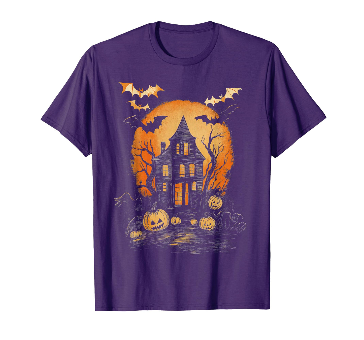 Vintage Spooky Halloween Hunted House Night Casual Graphic T-Shirt