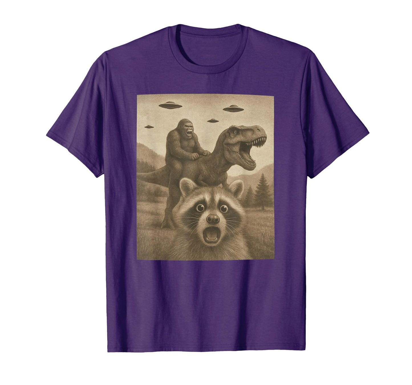 Funny Racoon Selfie Bigfoot Riding T rex UFO Bigfoot T-Shirt