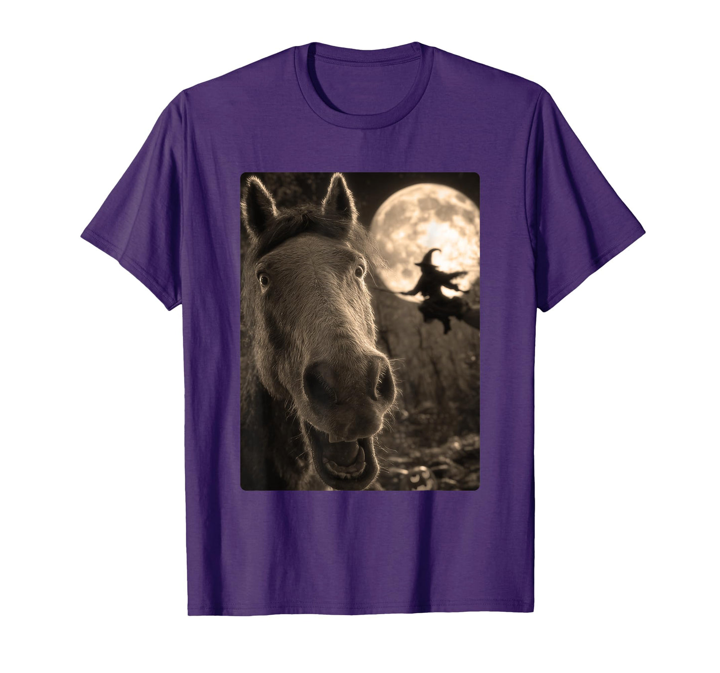 Funny Horse Selfie Full Moon Flying Witch Forest Halloween T-Shirt