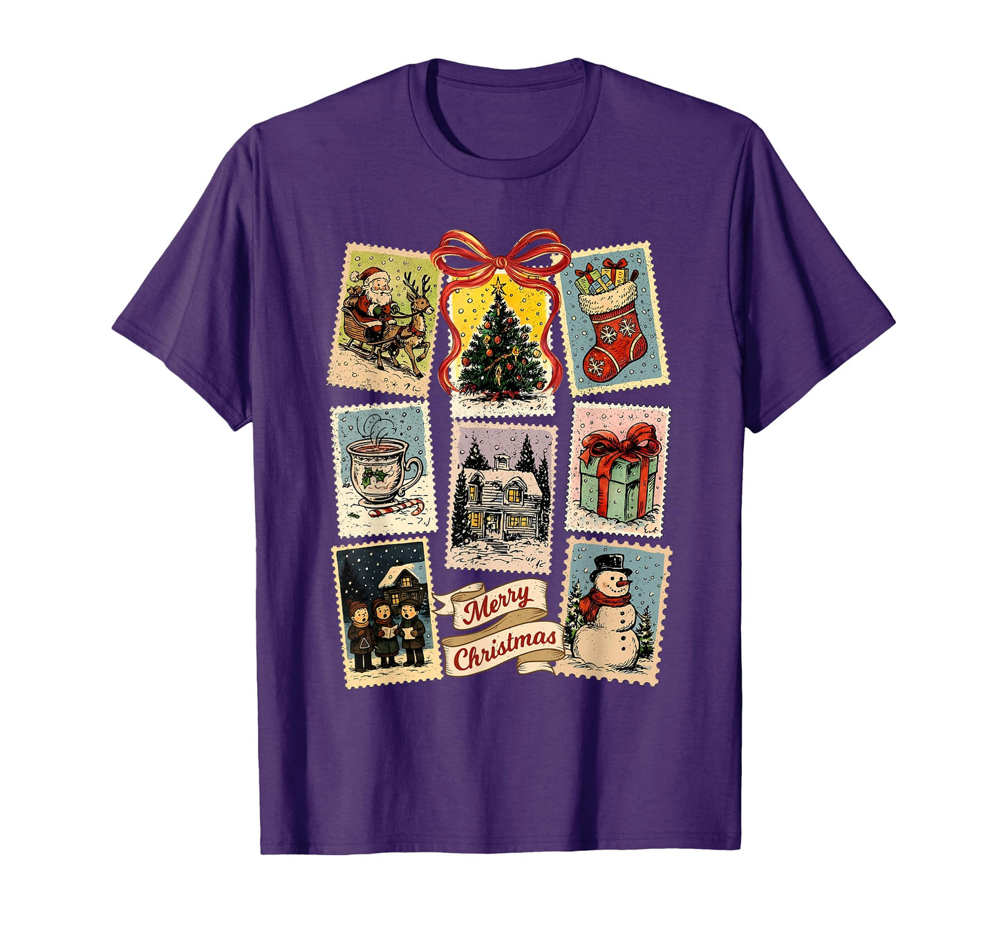 Vintage Retro Merry Christmas Stamps Santa Claus Xmas Tree T-Shirt