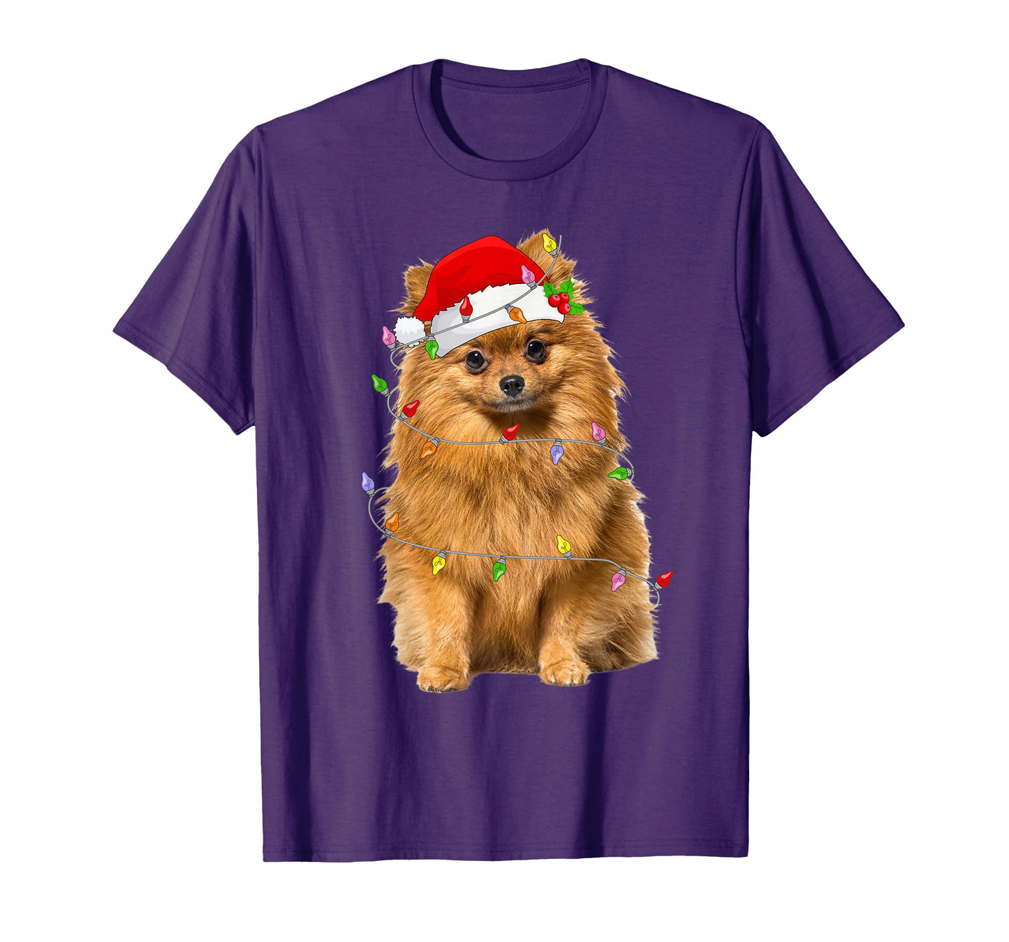 Pomeranian Christmas Santa Hat Lights Funny Pet Dog Xmas T-Shirt