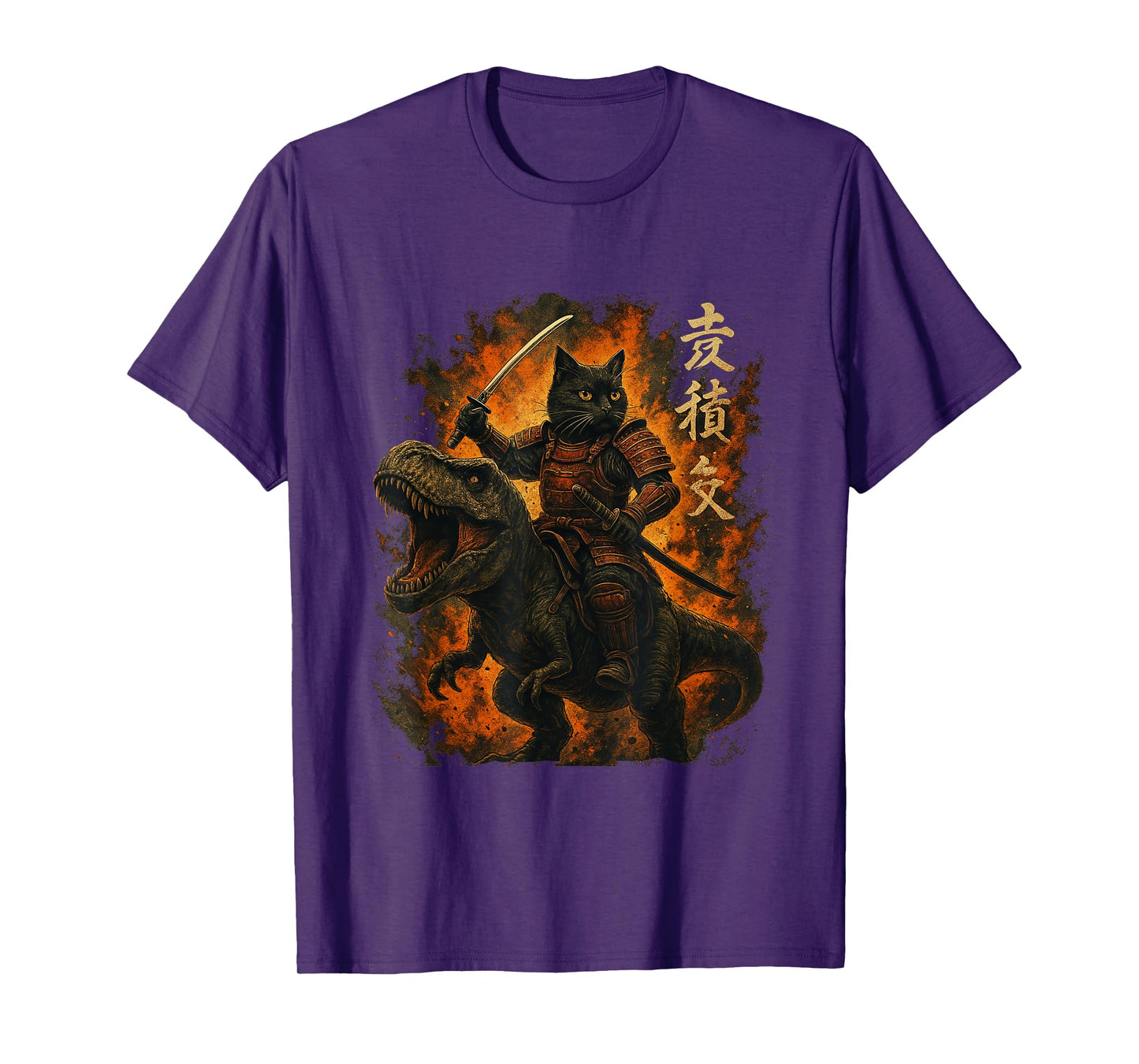 Samurai Cat Riding Dinosaur Japanese Black Cat Kanji T-Shirt