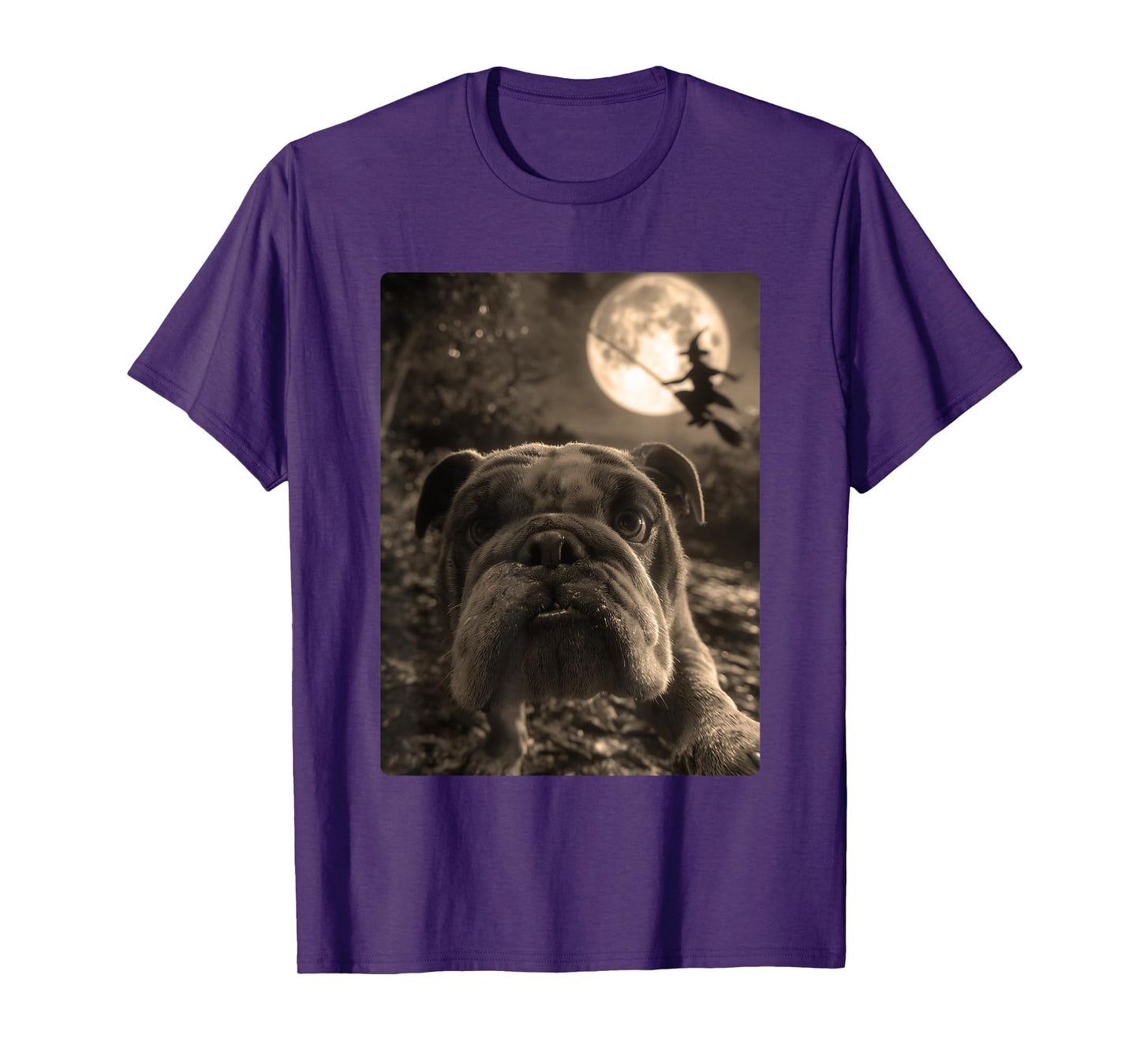 British Bulldog Selfie Full Moon Flying Witch Halloween Dog T-Shirt