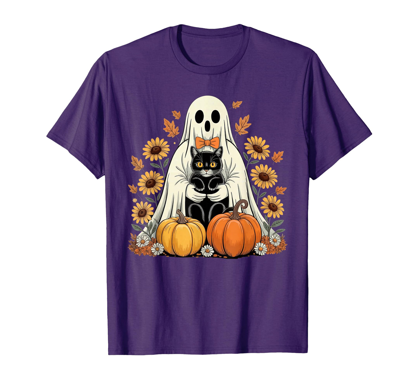 Womens Halloween Ghost Black Cat Ghost Halloween Girls T-Shirt