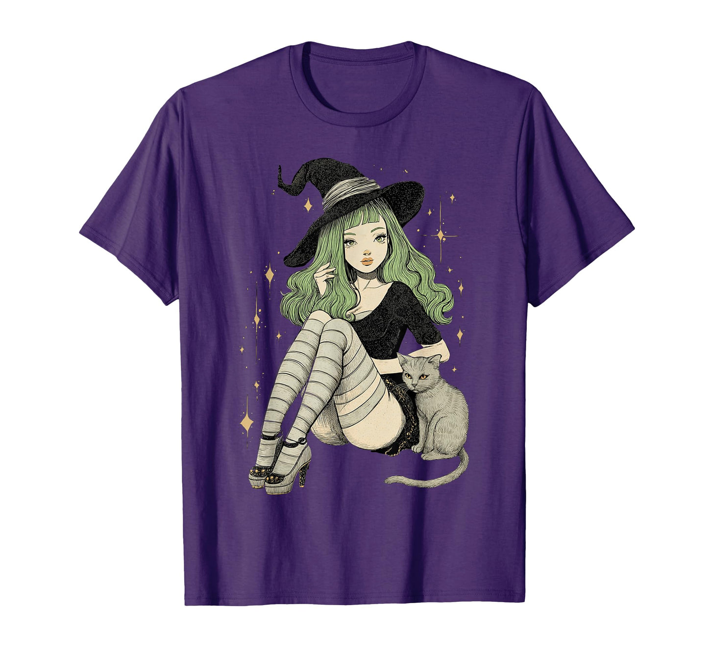 Sexy Witch Green Hair Black White Stripes Halloween Cat Mom T-Shirt