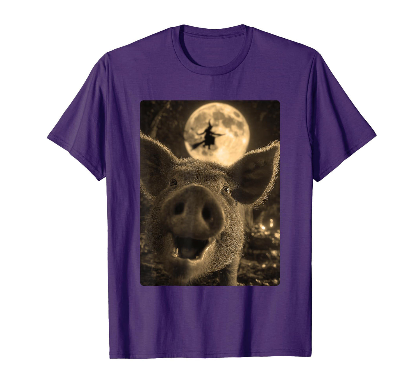 Funny Pig Selfie Full Moon Flying Witch Forest Halloween T-Shirt
