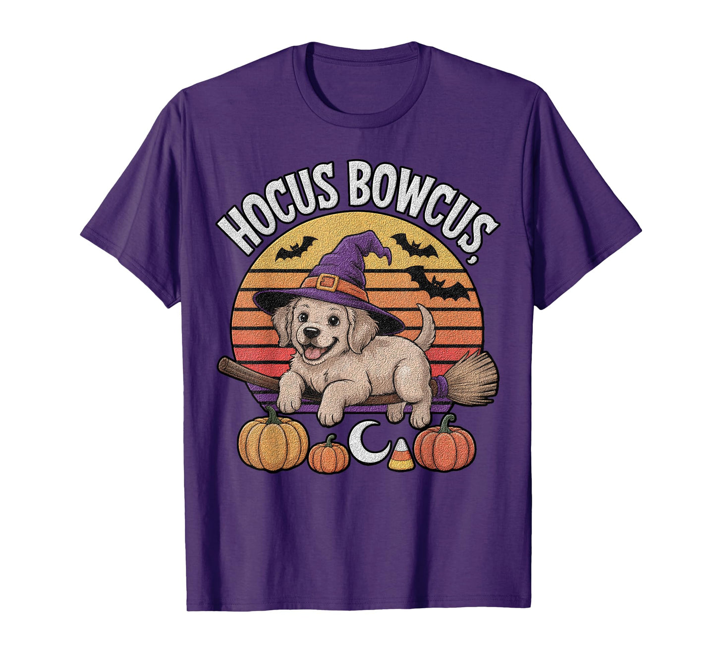 Hocus Bowcus Golden Retriever Puppy Witch Hat Bat Halloween T-Shirt