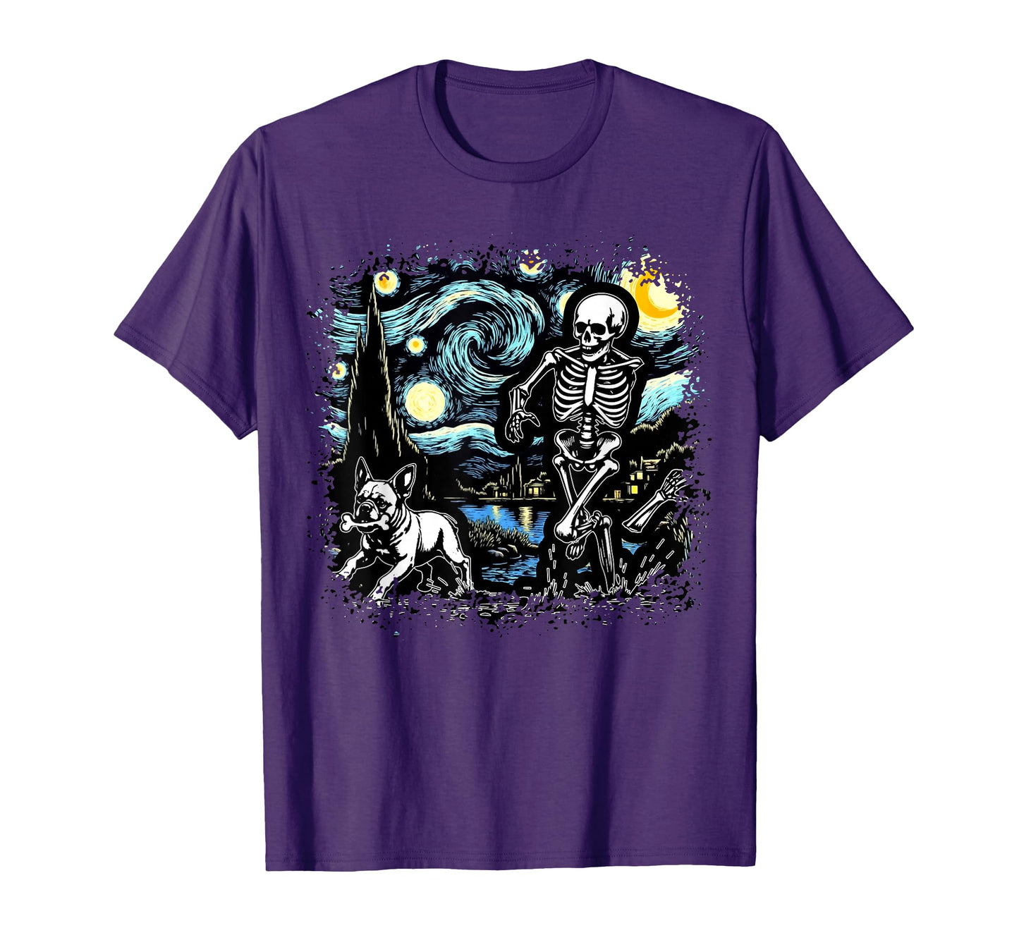 Skeleton Chasing French Bulldog Halloween Dog Owner T-Shirt