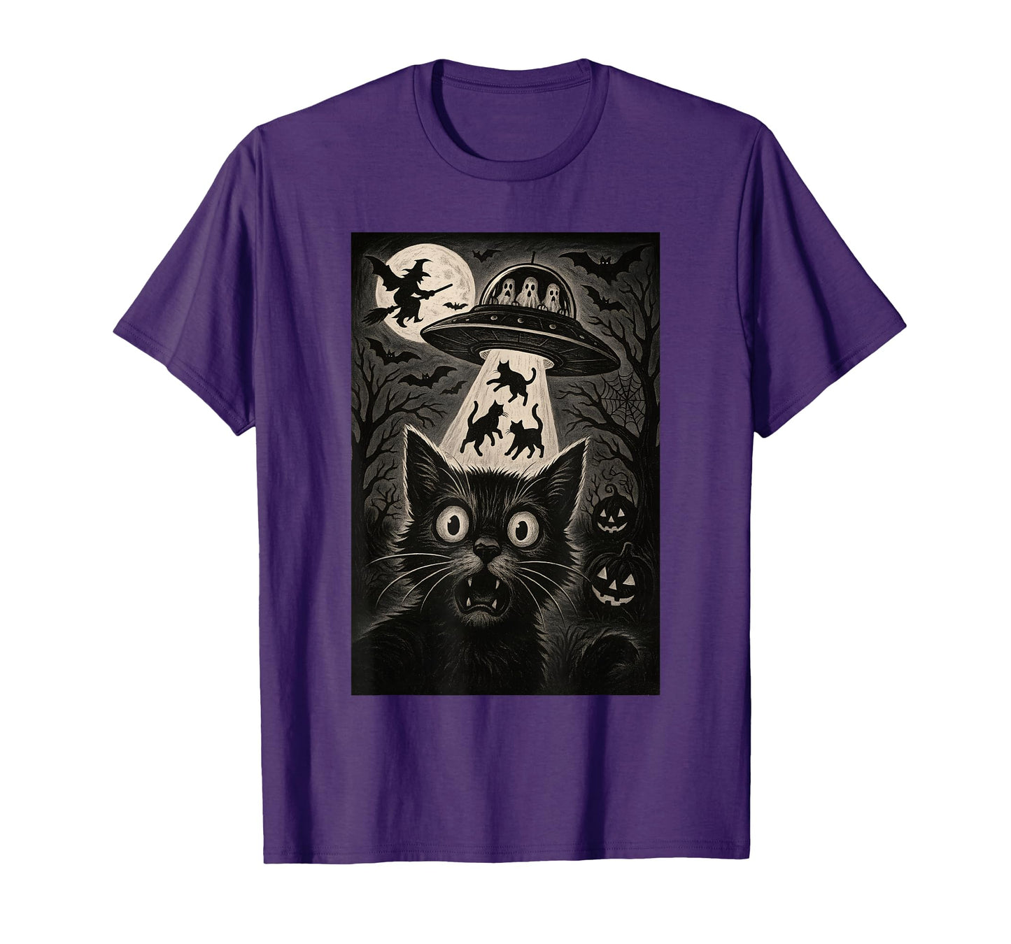 Halloween Cat Selfie Scary Alien Abduction Cats UFO Flying T-Shirt