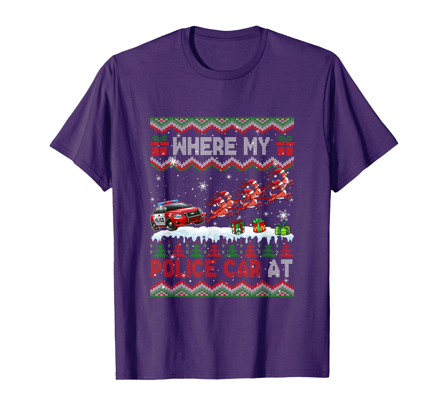 Where My Police Car at Christmas Sweater Sleigh Reindeer T-Shirt