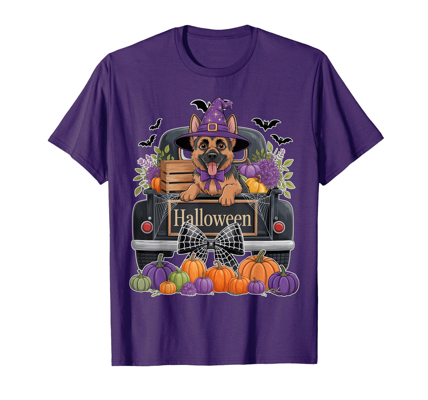 German Shepherd Witch Hat Truck Pumpkin Dog Lovers Halloween T-Shirt