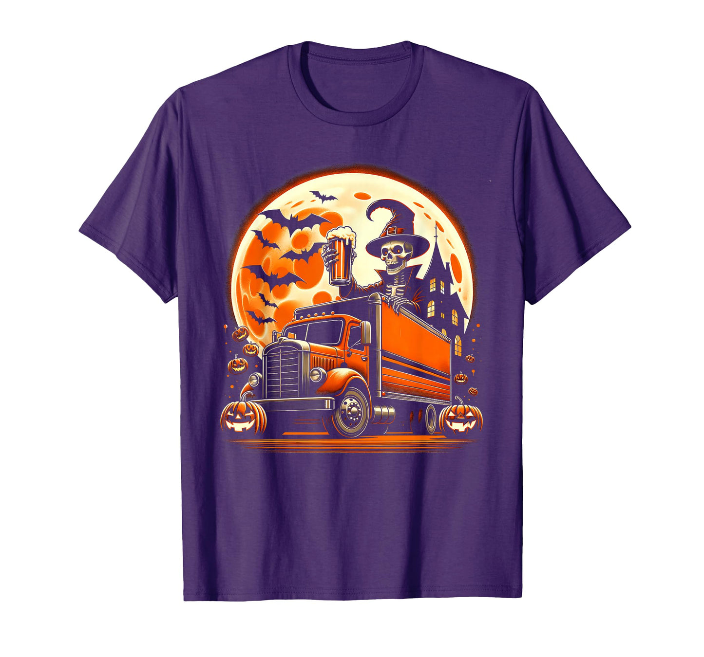 Funny Skeleton Drinking Beer On Truck Pumpkins Halloween T-Shirt