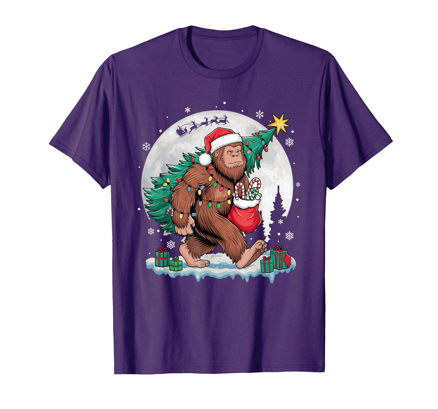 Christmas Bigfoot Santa Tree Sleigh Moon Funny Xmas Pajamas T-Shirt
