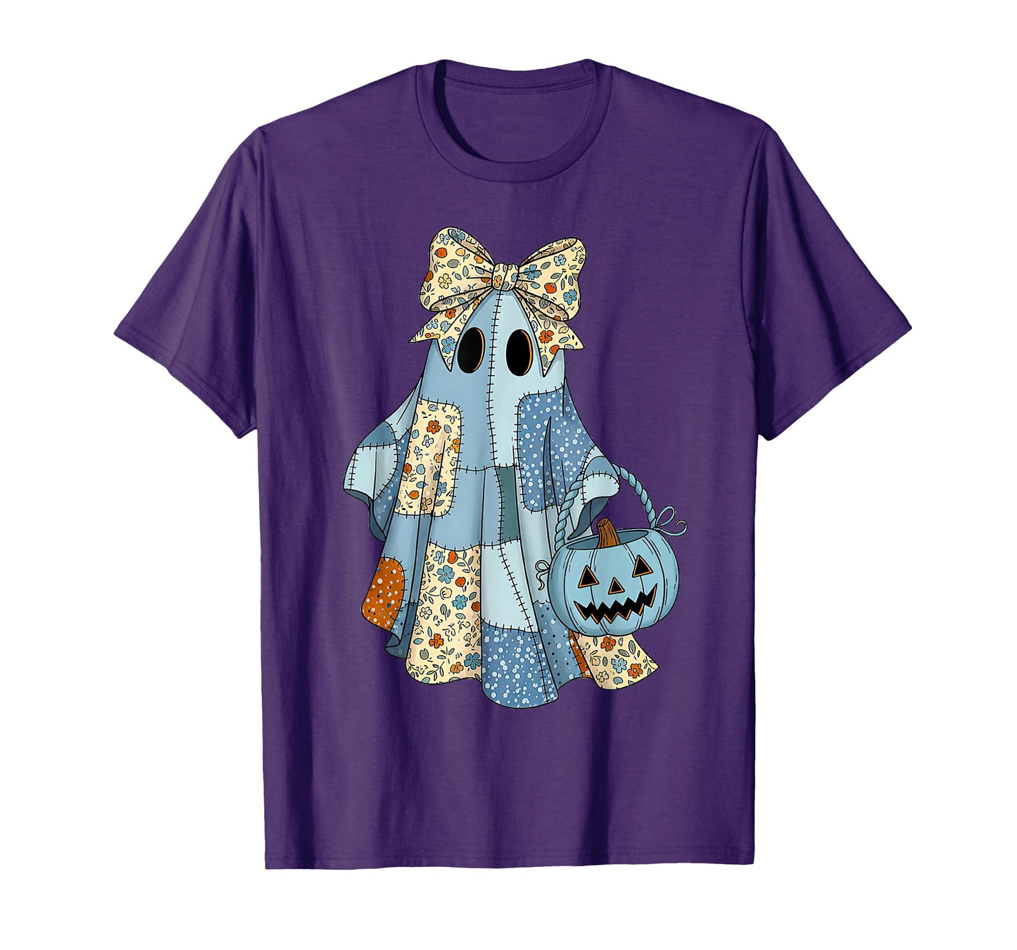 Retro Blue Denim Ghost Floral Patchwork Cute Boo Halloween T-Shirt